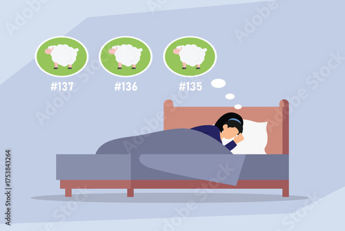 Woman lying awake in bed, counting sheep to fall asleep, representing insomnia, sleep disorder, difficulty sleeping, and seeking relief from a restless night 2d flat vector illustrations