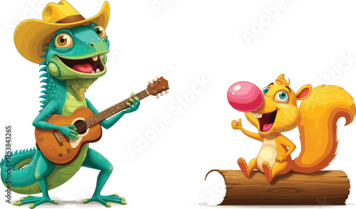Cartoon iguana playing guitar, cowboy hat character, funny squirrel with big nose, wood log sitting, cute animal mascot illustration