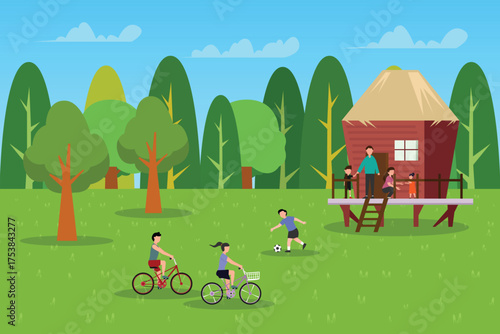 Family enjoying a vacation or weekend getaway at a secluded wooden cabin in a lush green forest, with children playing soccer and parents riding bicycles 2d flat vector illustrations
