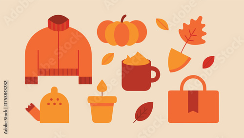 Vector art of delightful autumn flat lay illustration showcasing a jacket, pumpkin, mug, and more, capturing the essence of the fall season