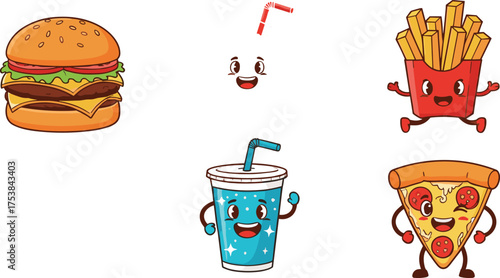 Cute burger fries pizza soda characters, funny fast food cartoon illustration, adorable junk food vector art, happy meal design, kawaii snack