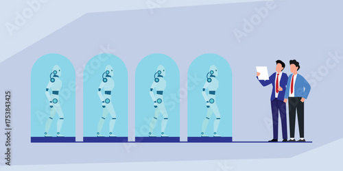 Businessmen choosing a humanoid robot worker from an assembly line of automated machines 2d flat vector illustrations