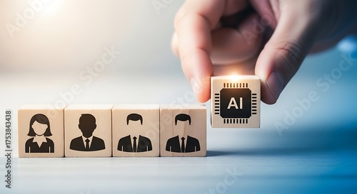 Hand placing a wooden block with ai chip symbol on row of employee icons, representing artificial intelligence in recruitment