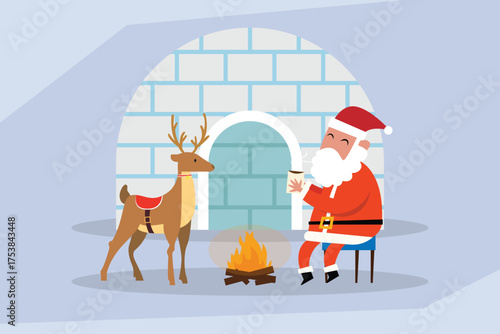 Santa Claus and his reindeer relaxing by a campfire outside an igloo, enjoying a hot drink during a winter break or Christmas downtime2d flat vector illustrations