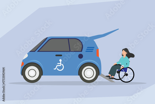 Woman in a wheelchair using a specially modified vehicle with a ramp for accessible transportation 2d flat vector illustrations