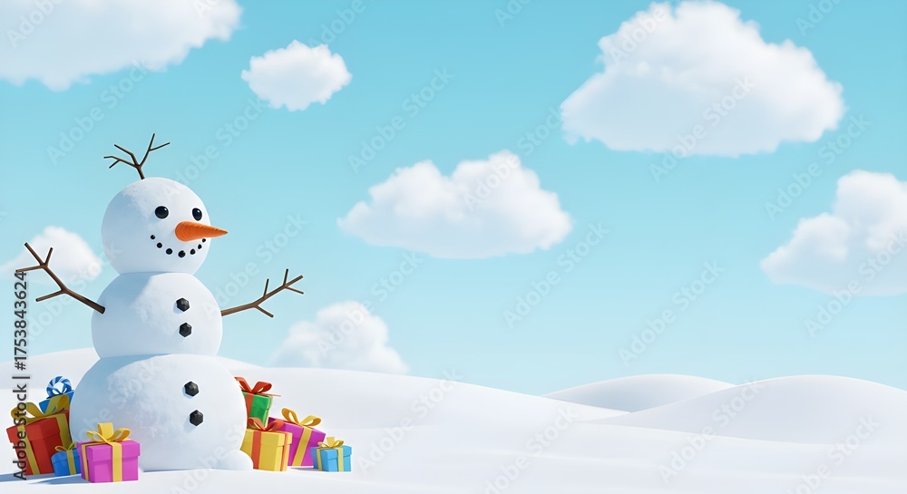 Obraz premium Snowman with gift boxes in snowy landscape, Christmas background with copy space