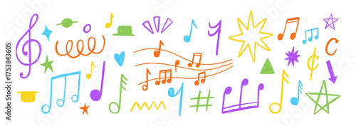Set of hand drawn music notes and hearts with crayon, pastel or chalk texture. Cute doodle elements for kids or decorations. Color vector illustration.