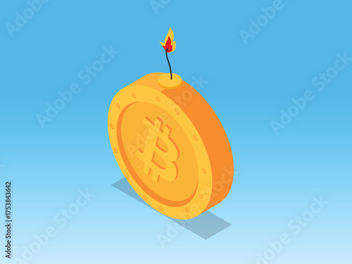 Bitcoin Cryptocurrency Coin as a Lit Bomb with Burning Fuse - Concept of Cryptocurrency Volatility, High Risk Investment, and Market Bubble 3d vector illustration