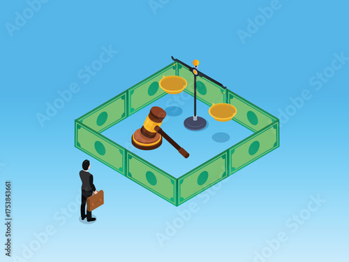 Businessman Facing Justice System Enclosed by Money Walls - Concept of Financial Law, Corruption, and Litigation Costs 3d vector illustration