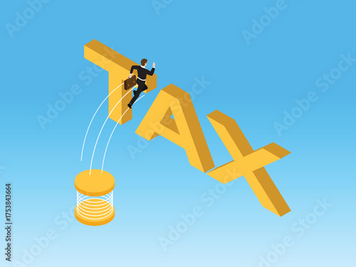 Businessman Using a Springboard to Jump Over Giant TAX Text - Concept of Tax Avoidance, Minimization, and Overcoming Financial Burden 3d vector illustration