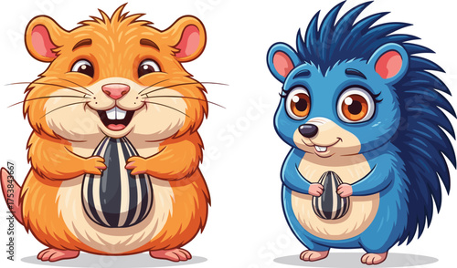 Cute Cartoon Hamster and Blue Spiky Hedgehog Character Duo Holding Sunflower Seeds, Smiling Together for Children's Fun and Pet Shop Designs.