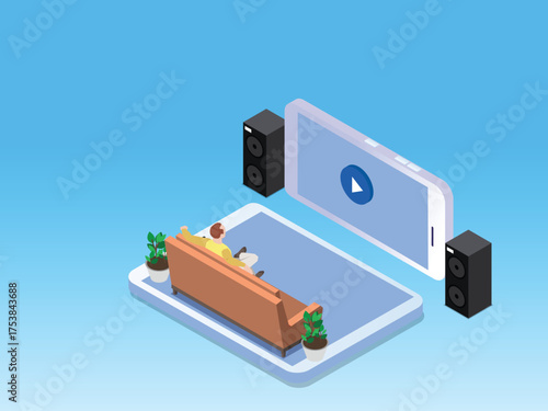 Man Watching Video Content on a Giant Smartphone Screen with Speakers - Concept of Mobile Entertainment, Streaming, and Home Cinema 3d vector illustration