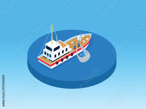 Commercial Fishing Boat with Fishermen Catching Fish on the Open Sea - Concept of Fishing Industry, Marine Harvest, and Ocean Economy 3d vector illustration