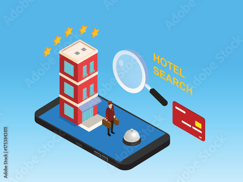 Online Hotel Search and Booking App with Magnifying Glass, Bellboy, and Credit Card - Concept of Mobile Travel Reservation 3d vector illustration