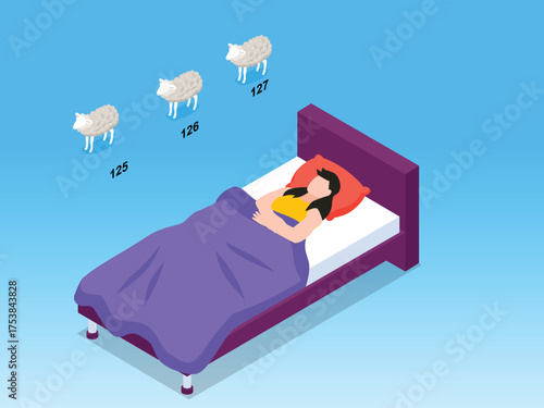 Woman Counting Sheep to Fall Asleep - Concept of Insomnia, Sleep Disorder, and Nighttime Relaxation Techniques 3d vector illustration