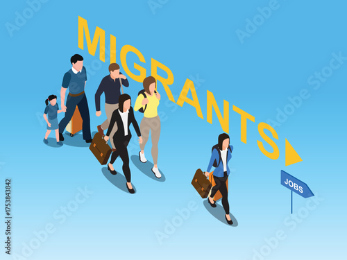 Family and Individuals Migrating for Jobs Following a Signpost - Concept of Economic Migration, Job Search, and Workforce Movement 3d vector illustration