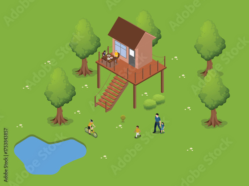 Family Enjoying Outdoors Vacation at a Treehouse Cabin near a Pond - Concept of Glamping, Ecotourism, and Nature Retreat 3d vector illustration