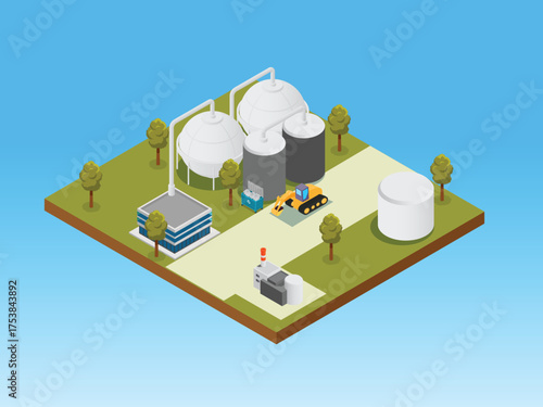 Isometric Industrial Site with Storage Tanks, Factory Building, and Excavator - Concept of Oil, Gas, Energy, or Chemical Plant Production 3d vector illustration