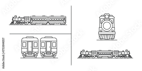 Train and Carriages Outline Icons Vector Illustration