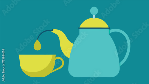 Vector art of teapot pouring tea into a cup in a flat design style on a blue background for tea time concept and refreshment