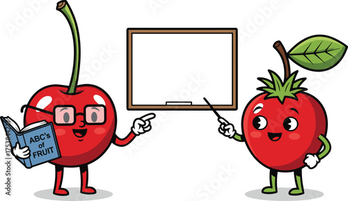 Cute cherry and tomato cartoon teacher characters teaching with whiteboard, funny fruit education concept vector illustration, learning, classroom, education