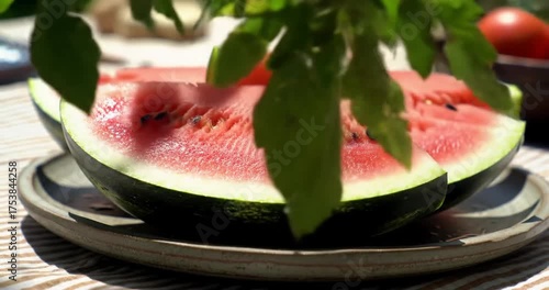 Freshly cut watermelon slices on a sunny table