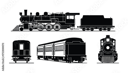 Vintage Steam Train Locomotives Silhouettes Set Vector Illustration