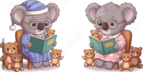 Cute koala reading bedtime story book with teddy bears, adorable animal illustration, cozy night pajamas, children’s book art, white background