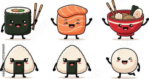Cute sushi ramen onigiri characters, funny Japanese food cartoon illustration, adorable Asian meal vector art, happy kawaii food mascot design