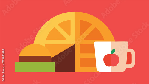 Vector art of a flat vector illustration of a waffle, burger, and mug of apple juice on a red background