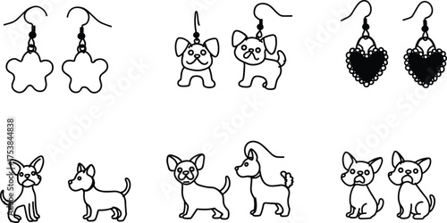 Dog earrings vector set, cute puppy jewelry illustration, fashion accessory design, pet lover gift, handmade earring icon collection, minimal line art