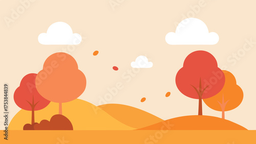 Vector art of autumn landscape with trees, hills, and clouds in a flat design, perfect for fallthemed projects and seasonal decorations