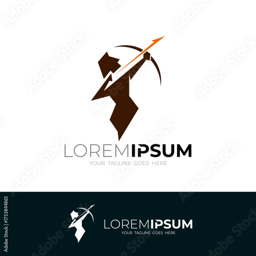 the logo of a person carrying a bow and pointing it upwards