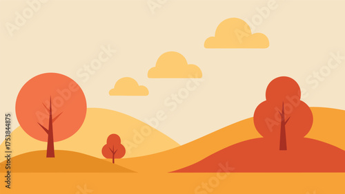 Vector art of a flat vector illustration of an autumn landscape with trees, hills, and clouds warm and cozy scene with simple design