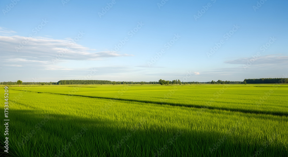 Obraz premium Vibrant green field with young crops under a clear blue sky, distant horizon, and long afternoon shadows