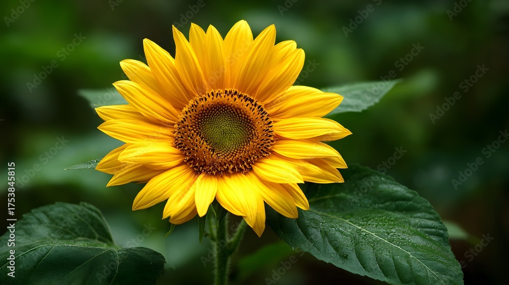 Fototapeta premium Vibrant yellow sunflower with detailed petals and dark center, set against foliage.