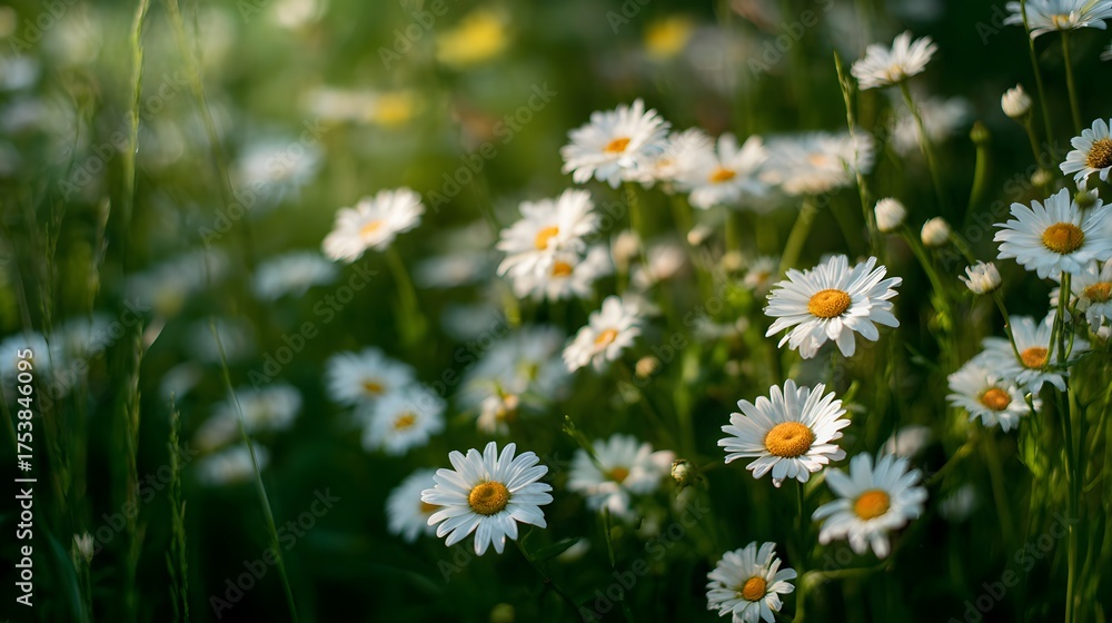 Fototapeta premium Field of blooming white daisies illuminated by soft sunlight.