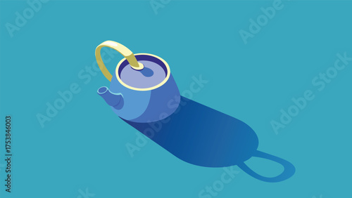 Vector art of isometric illustration of a blue teapot with long shadows on a blue background, creating a minimalist and clean design