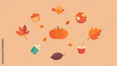 Vector art of autumn is here with pumpkin, leaves, acorn, and other fall elements in a flat design style on a light orange background