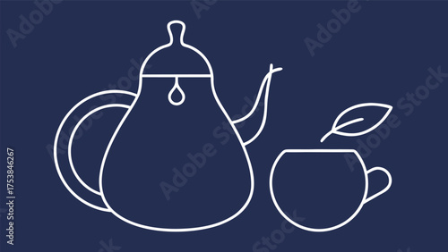 Vector art of a simple line art illustration of a teapot and cup with tea leaf, creating a minimalist and elegant design on a blue background