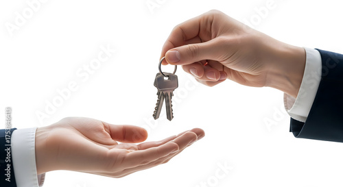 Keys being handed over, symbolizing the transfer of property or new beginnings, isolated on transparent background