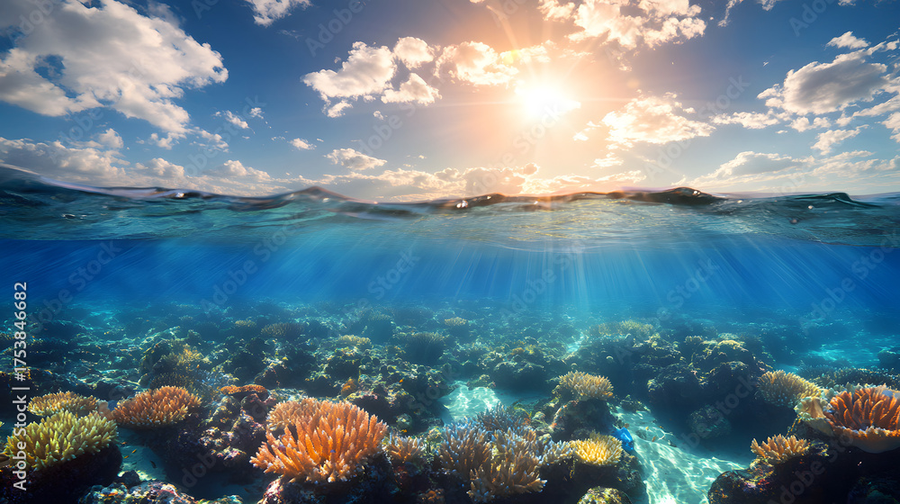 Fototapeta premium Coral reef ocean sunlight underwater panorama seascape tropical blue clear marine life coral lagoon shallow water reef ecosystem nature daylight cloud sky horizon summer travel tourism