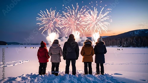 People Watching Fireworks Display in Snowy Landscape During Winter Night