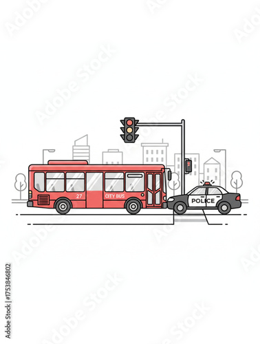 Urban street illustration featuring a red city bus and police car at traffic light