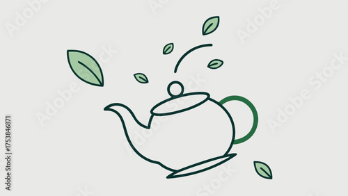 Vector art of teapot illustration with tea leaves on a in a simple line art style