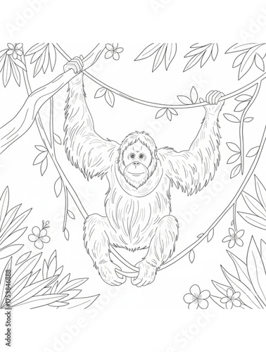 Orangutan hanging from tree branches in a tropical rainforest surrounded by lush vegetation.