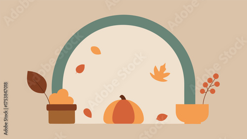 Vector art of autumn scene with pumpkin, leaves, and potted plants in warm colors, perfect for fallthemed designs and cozy seasonal projects