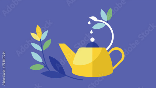 Vector art of a yellow teapot with leaves and water drops, representing tea, herbal medicine, and healthy lifestyle choices