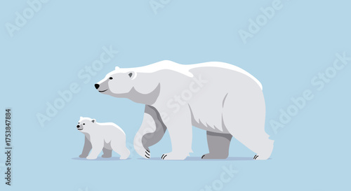 Polar Bear Mother and Cub Walking Together – Flat 2D Vector Illustration
