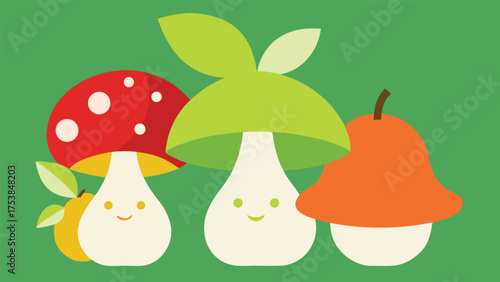 Vector art of a delightful group of whimsical mushrooms and fruits with happy faces on a green background, perfect for childrens illustrations
